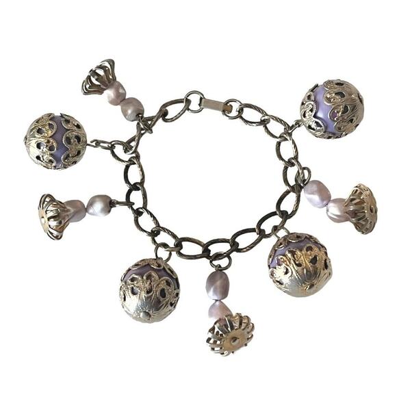Ornate Charm Bracelet Brass Ball Stone Chain Purple Gold 7" Chunky Jewels Vtg - Picture 1 of 4